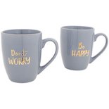 Don't Worry Be Happy Beker / mokkenset - Grijs / Goud - set van 2 - Giftset