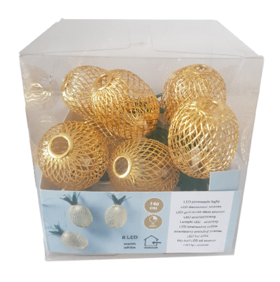 Decoratieve ananas lichtslinger - Goud / Groen - 8 led lampen