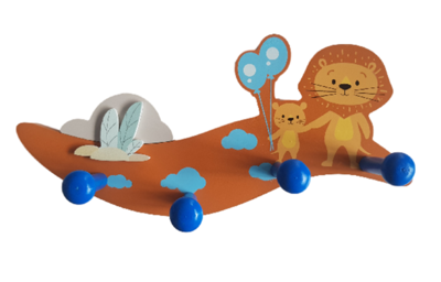 Kapstok kinderkamer Leeuwen - Bruin / Blauw - Hout - 4 haken - 28 x 7 x 10.5 cm