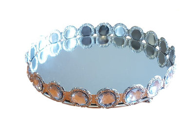 Decoratie tray / dienblad met spiegel IRIS - Zilver - Diamant - Ø 24 x H 4 cm - Rond - Maat M