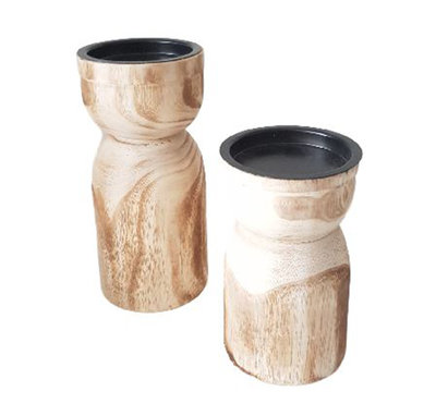 Kaarsenhouder RIA - Bruin / Zwart - Hout / Metaal - Set van 2