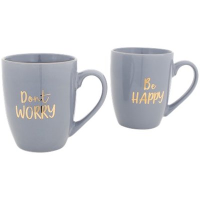 Don't Worry Be Happy Beker / mokkenset - Grijs / Goud - set van 2 - Giftset