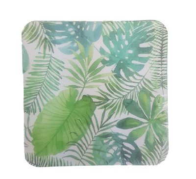 Luxe onderzetter met blad motief - Groen / Wit - Set van 6 - MDF / Kurk