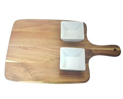 Tapasplank met handvat met 2 kommetjes GWEN - Bruin / Wit - Hout / Porselein