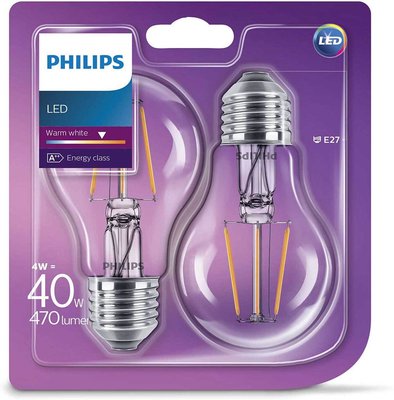 2-pack Philips led filament E27 4W (40W) - A++