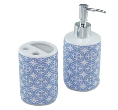 Tandenborstelhouder en zeeppomp Karin - Blauw/Wit - Keramiek