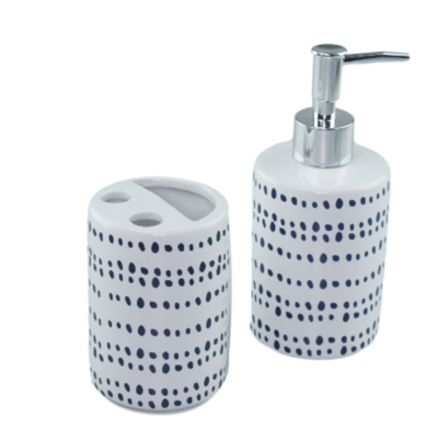 Tandenborstelhouder en zeeppomp Monique - Blauw/Wit - Keramiek