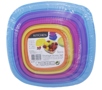 Set van 5 vershoudbakjes - Blauw/Paars/Roze/Geel/Oranje - Plastic