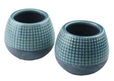 Bloempot met tegeltjes Hetty - Keramiek - Set van 2 - Blauw - 9.5x8cm