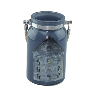 Windlicht met touwhandvat Berry - Blauw - Glas - 18x10.3cm