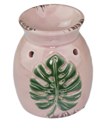 Geurbrander met blad motief - Roze / Groen - Keramiek - Ø 9.5x10.5cm