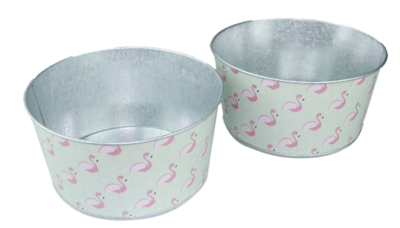 Bloempot Flamingo - Set van 2 - Groen / Roze - Zink - Ø20x10 cm