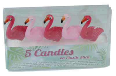 Flamingo kaarsjes op plastic stokje - 5 kaarsjes - Roze