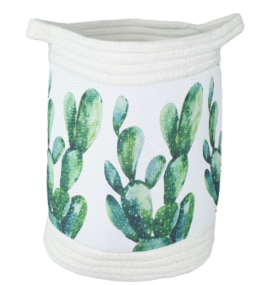 Gevlochten mandje met tropisch design Geoffrey - Cactus - Groen - Wit - Katoen - 24x27cm