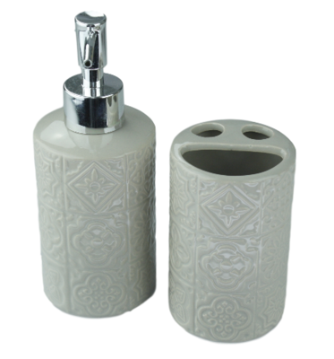 Tandenborstelhouder en zeepdispenser Marijn - Beige - Keramiek - bloemenmotief