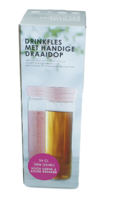 Drinkfles met deksel - 0,55 l - Roze - Glas / Kunststof