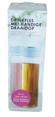 Drinkfles met deksel - 0,55 l - Blauw - Glas / Kunststof