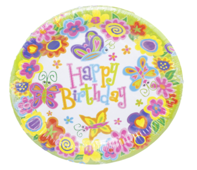 Happy Birthday wegwerpborden - Vlinder motief - Ø 23 cm - 8 stuks