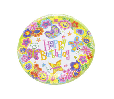 Happy Birthday wegwerpborden - Vlinder motief - Ø 18 cm - 8 stuks
