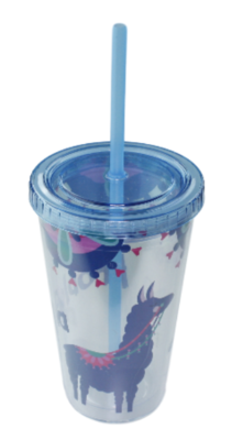 Beker met rietje - No Problama - Blauw - 16cm - Dubbelwandig - 50cl