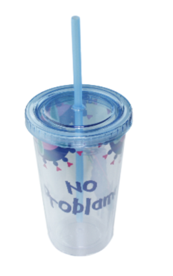 Beker met rietje - No Problama - Blauw - 16cm - Dubbelwandig - 50cl