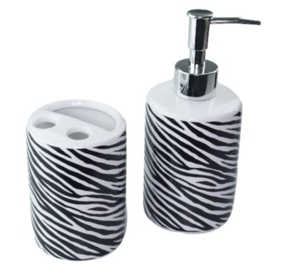 Tandenborstelhouder en zeepdispenser - Zwart/Wit - Keramiek - Zebraprint