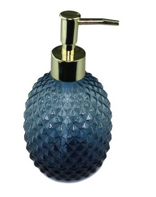 Luxe zeepdispenser met gestructureerd patroon - Blauw/Goud - Glas - Ø8 x H16cm