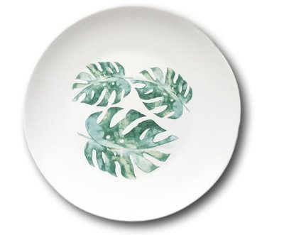 Decoratieve wandbord blad motief 2 - Wit / Groen - Keramiek - Ø22cm