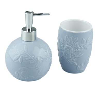 Tandenborstelhouder en zeepdispenser JOZUA - Blauw - Keramiek - bloemenmotief