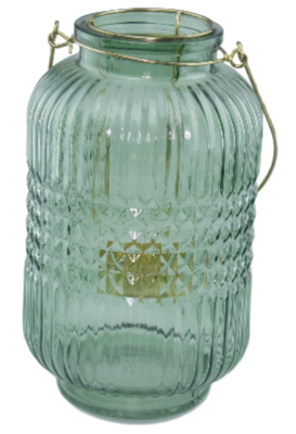 Theelicht Lantaarn met hengsel Hasse - Groen/goud - Glas