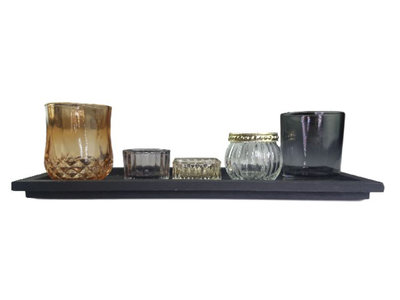 Theelichthouders op houten plateau AMY - 6 delig - Multicolor - Hout / Glas