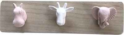 Kapstok kinderkamer dieren - Roze / Wit - Hout / Kunststof - 3 haken - 34x9x5cm