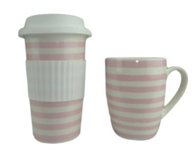 Mok met candy stripes ALETTA - Roze / Wit - Keramiek - Beker - Set van 2