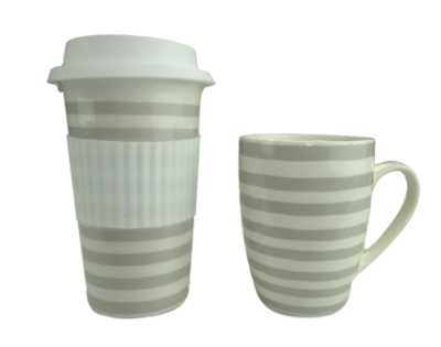 Mok met candy stripes ALETTA - Grijs / Wit - Keramiek - Beker - Set van 2