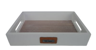 Decoratie tray/dienblad met lederen label RINSE (HOME) - Wit - Hout - 24 x 17 x 4.5 cm