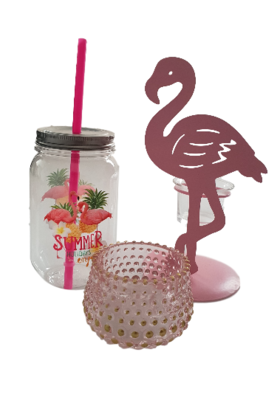 Flamingo theelichthouder LARD - Roze - Metaal / Glas - 11 x 10 x 20 cm